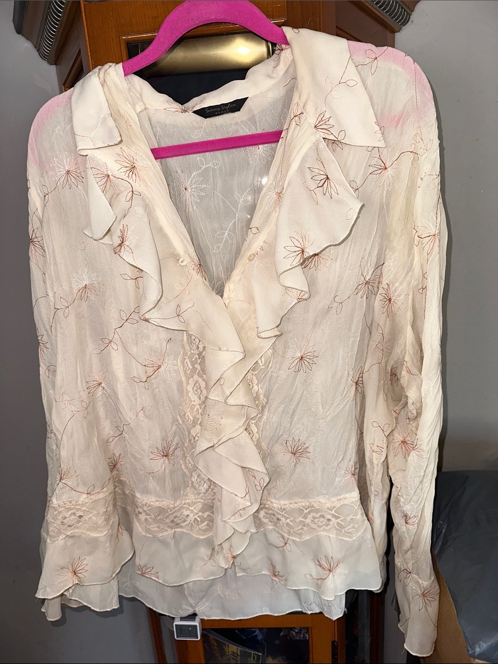 Sunny Taylor Cream Ruffle Front Floral Blouse